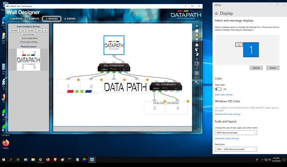 Datapath Wall Designer software showing devices